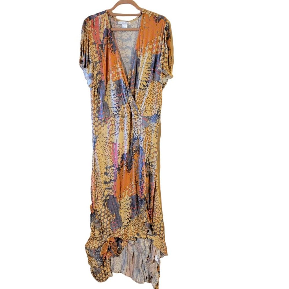 Lascana Venus Orange Gray Print Waterfall Maxi Dress Size XL